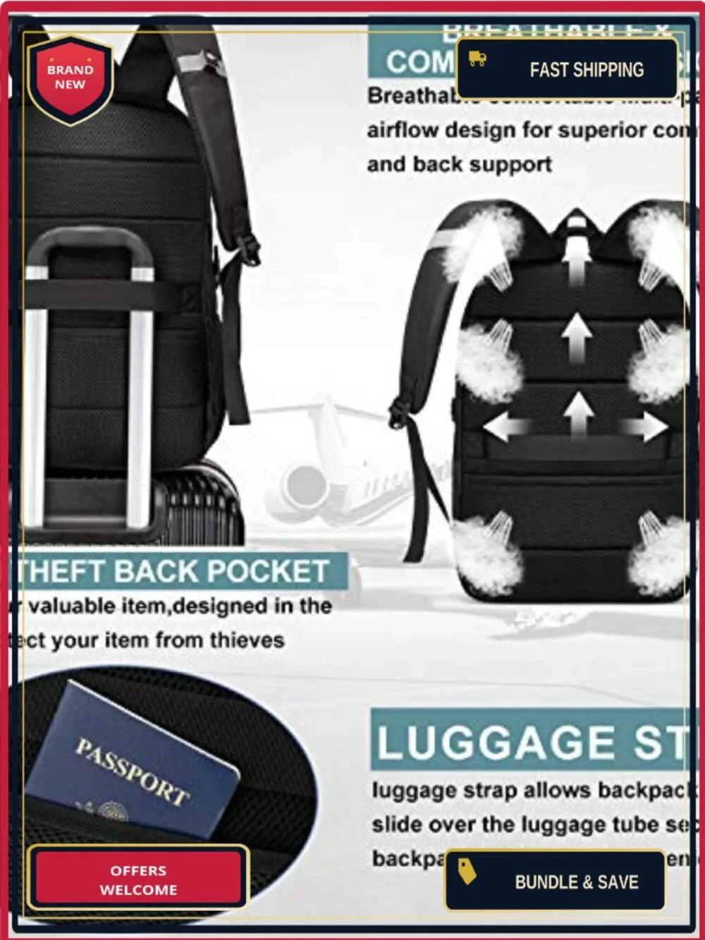 50L Water Resistant Travel Laptop Backpack with USB Charging Port, TSA Friendly